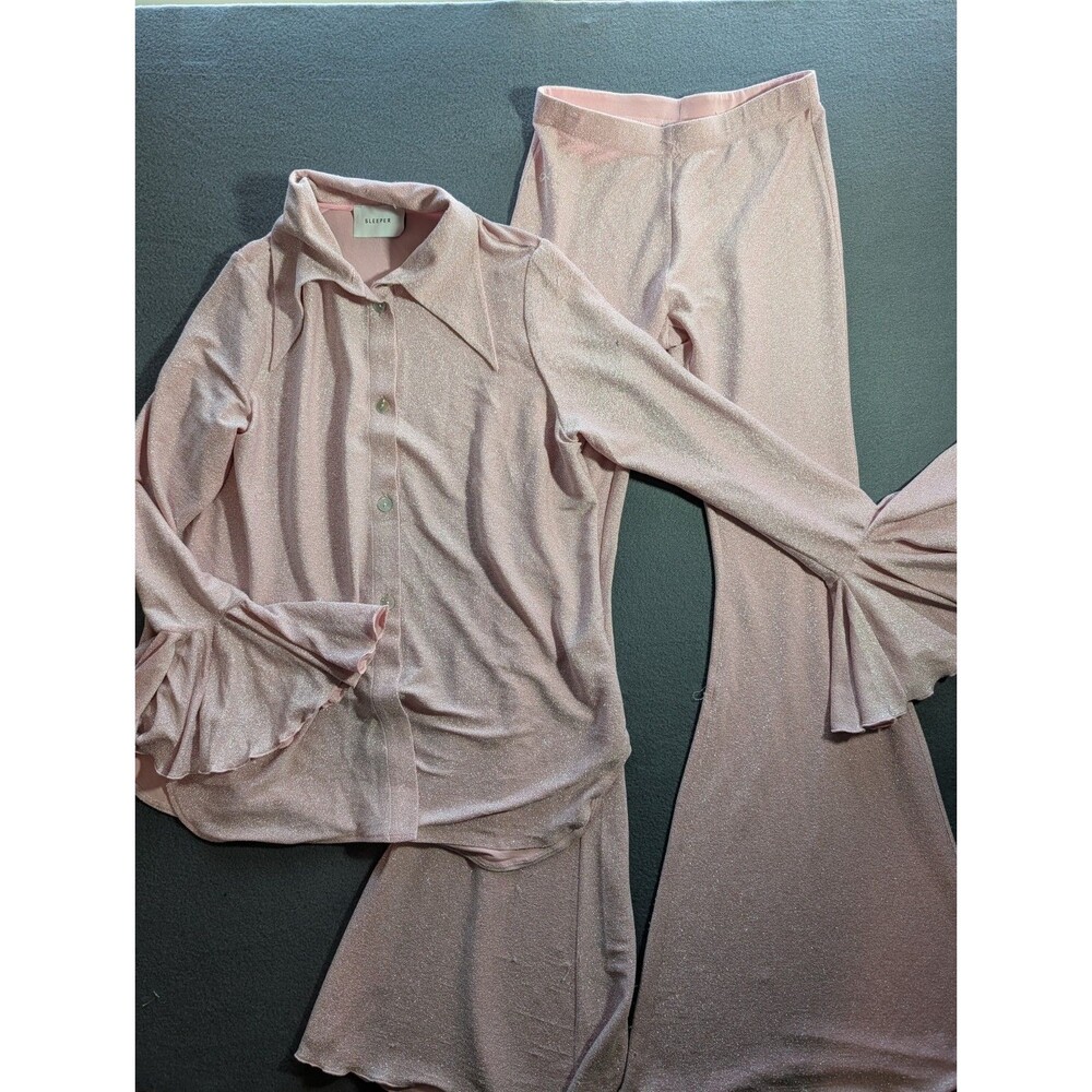 Sleeper Pink Metallic Lurex Flare Pants & Ruffle Sleeve Shirt Set Women’s M